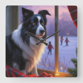 Horloge Carrée Border Collie With Christmas Lights Holiday (Recto)
