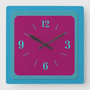 Horloge Carrée Bordure bleu-vert atmosphérique avec centre cerise
