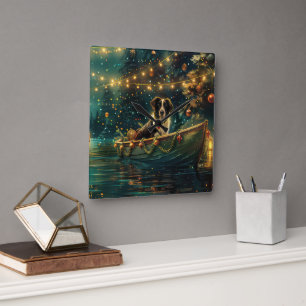 Horloge Carrée Bordure Collie Noël Festive Voyage