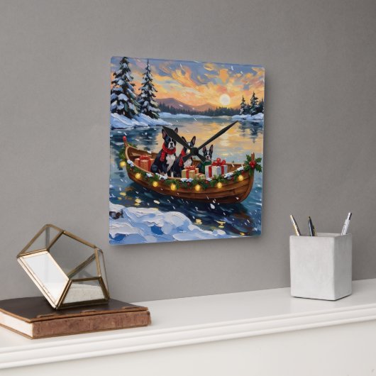 Horloge Carrée Boston Terrier Christmas Boat Holiday (Bureau)