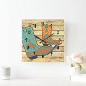 Horloge Carrée Bottes Cowboy en orange et bleu (Maison)