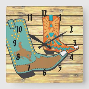 Horloge Carrée Bottes Cowboy en orange et bleu