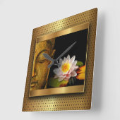 Horloge Carrée Bouddha Or Avec Fleur Lotus (Angle)