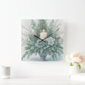 Horloge Carrée Bougie de Noël aux tons verts doux (Maison)