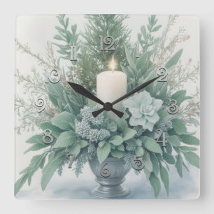 Horloge Carrée Bougie de Noël aux tons verts doux