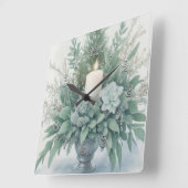 Horloge Carrée Bougie de Noël aux tons verts doux (Angle)