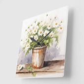 Horloge Carrée Bouquet Aquarelle Daisy En Pot (Angle)