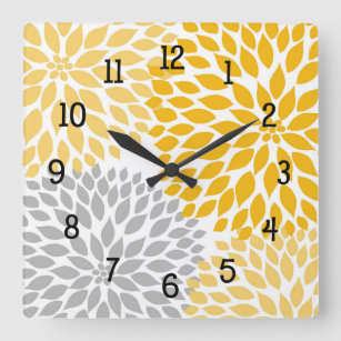 Horloge Carrée Bouquet Dahlia, moutarde jaune gris floral