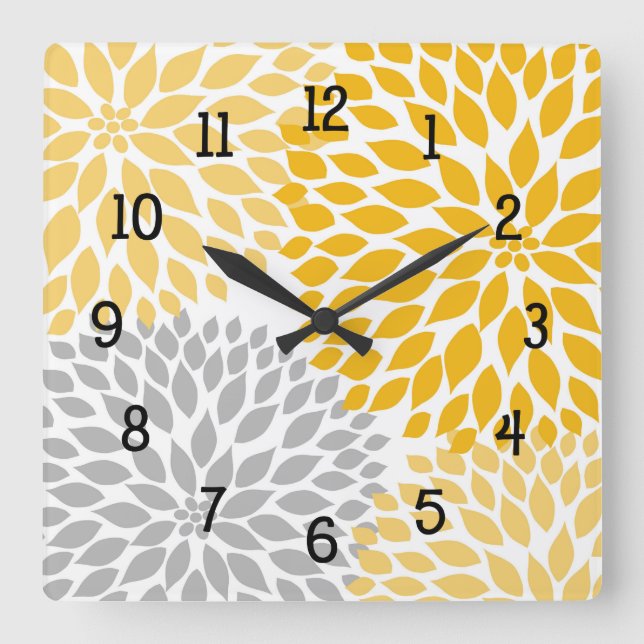 Horloge Carrée Bouquet Dahlia, moutarde jaune gris floral (Front)
