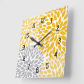Horloge Carrée Bouquet Dahlia, moutarde jaune gris floral (Angle)