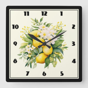 Horloge Carrée Bouquet de citron aux fleurs blanches