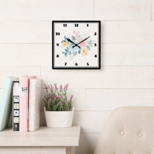 Horloge Carrée Bouquet de fleurs rose et bleu élégant