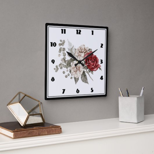 Horloge Carrée Bouquet de fleurs rouge gris et crème Boho (Bureau)