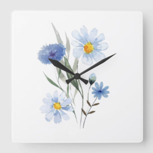 Horloge Carrée Bouquet de fleurs sauvages botaniques bleues Aqu