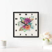 Horloge Carrée Bouquet floral rose, orange et blanc (Maison)