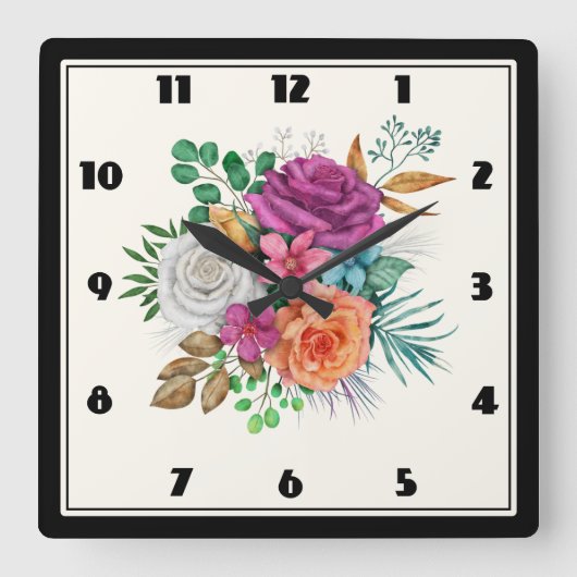 Horloge Carrée Bouquet floral rose, orange et blanc (Recto)