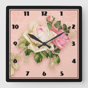 Horloge Carrée Bouquet rose et rose blanche