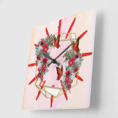 Horloge Carrée Bouquets de roses blanches, bleues et bordeaux (Angle)