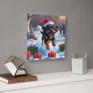 Horloge Carrée Bouviers des Flandres Scène de neige festive de No