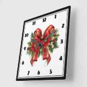 Horloge Carrée Bow de Noël Festif Rouge et Or (Angle)