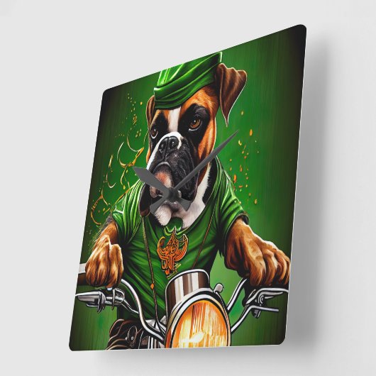 Horloge Carrée Boxer Chien Conduite Vélo St. Patrick's Day (Angle)