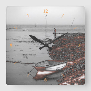 Horloge Carrée Boy and Seagull fishing by a nuclear power station