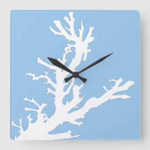 Horloge Carrée Branche de corail - blanc sur bleu-clair
