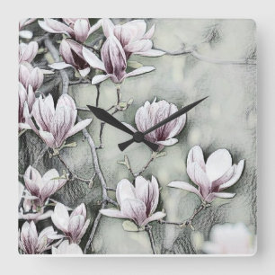 Horloge Carrée Branche de magnolia rose tirant sur fond noir gris