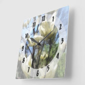 Horloge Carrée Branches blanches de Magnolia (Angle)