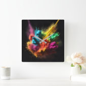 Horloge Carrée Bras en poudre arc-en-ciel sur noir (Maison)