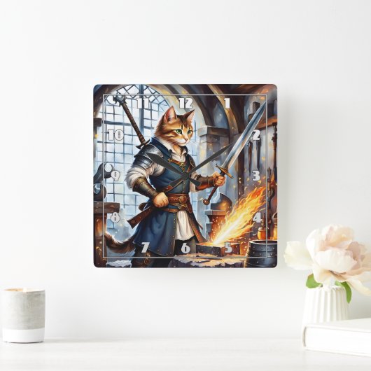 Horloge Carrée Brave Chat forgeron Forger une épée en atelier (Maison)