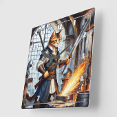 Horloge Carrée Brave Chat forgeron Forger une épée en atelier (Angle)