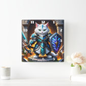 Horloge Carrée Brave Chat Warrior en Armure d'Imaginaire par Cast (Maison)