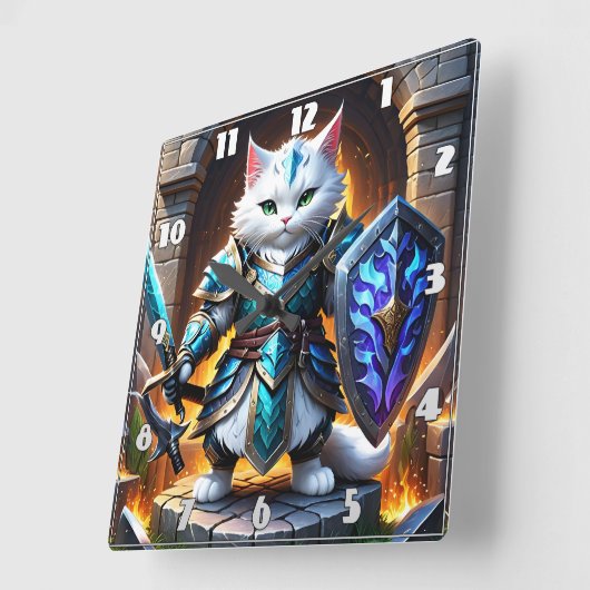 Horloge Carrée Brave Chat Warrior en Armure d'Imaginaire par Cast (Angle)