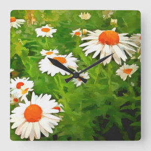 Horloge Carrée Bright Colorful Jardin blanc pâle marguerites v4b