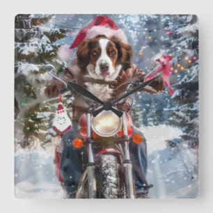 Horloge Carrée Brittany Spaniel Chien à moto Noël