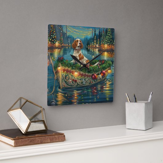 Horloge Carrée Brittany Spaniel Noël Festive Voyage (Bureau)