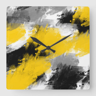Horloge Carrée Brochures Abstraites de couleur jaune noir et blan