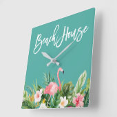 Horloge Carrée Brosse moderne Script Tropical Floral Beach House (Angle)