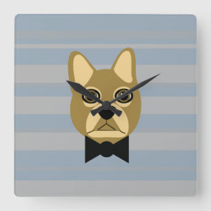 Horloge Carrée Brown Frenchie Bulldog, Stripes