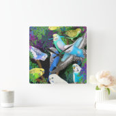 Horloge Carrée Budgerigars à Ferns Wall Clock (Maison)