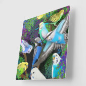 Horloge Carrée Budgerigars à Ferns Wall Clock (Angle)