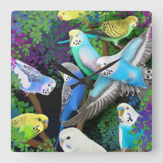 Horloge Carrée Budgerigars à Ferns Wall Clock
