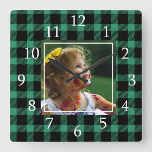Horloge Carrée Buffalo à carreaux vert une photo Rustique Fermett