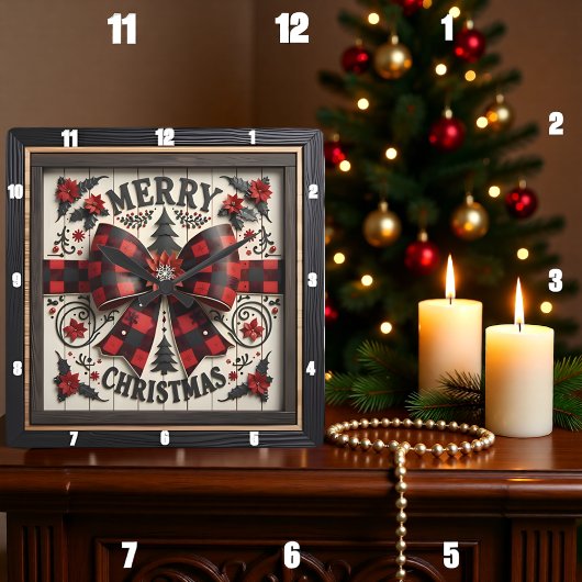 Horloge Carrée Buffalo Plaid Bow Merry Christmas