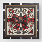 Horloge Carrée Buffalo Plaid Bow Merry Christmas (Recto)