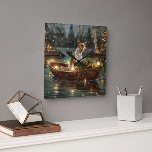 Horloge Carrée Bull Terrier Noël Festive Voyage (Bureau)