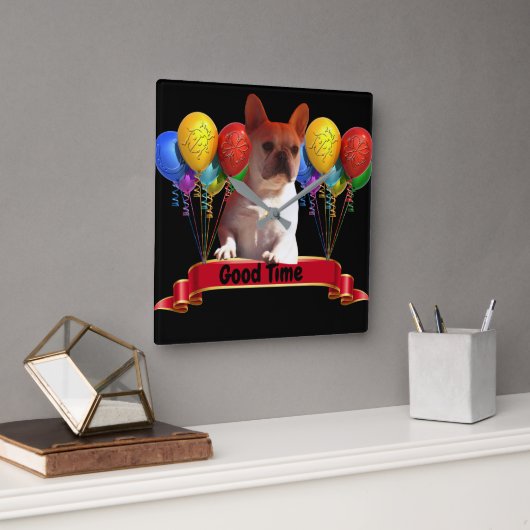 Horloge Carrée Bulldog français avec ballons (Bureau)