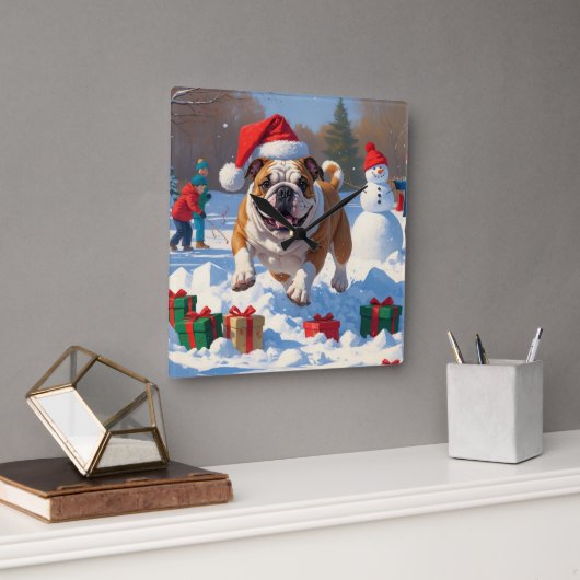 Horloge Carrée Bulldog Noël Festival scène de neige (Bureau)