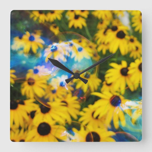 Horloge Carrée Bulles bleues sur les daises ! (Recto)